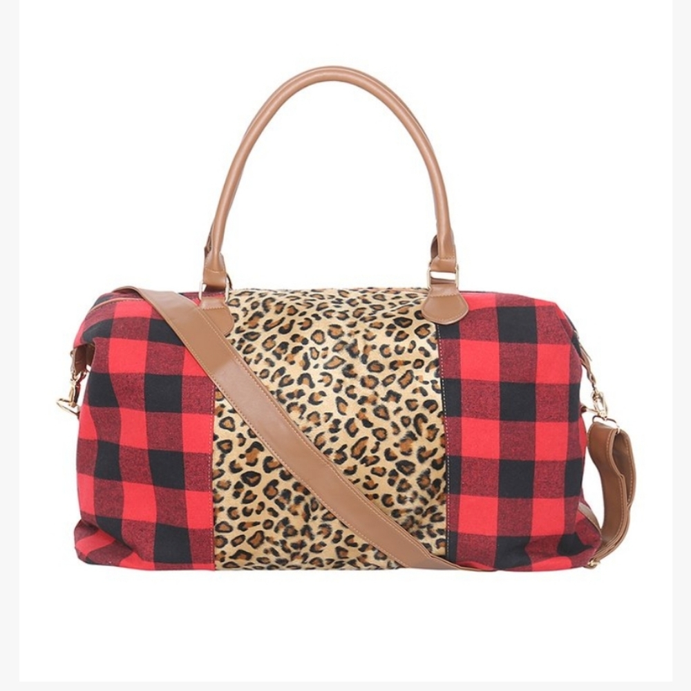 Red & Brown Buffalo Check Leopard Covertible Weekender